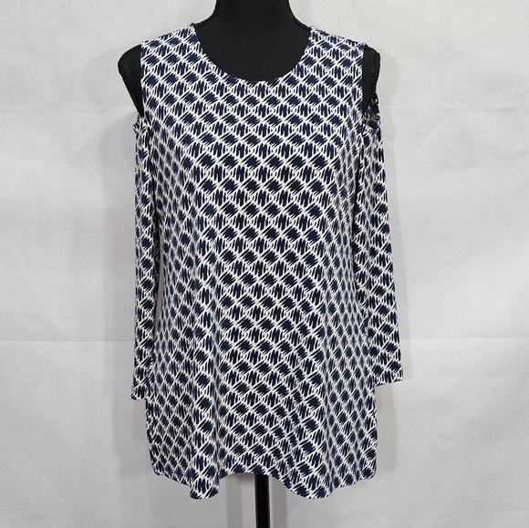 Charter Club Cold Shoulder Geometric Pattern Blue & White Pullover Blouse Size S - Picture 1 of 6